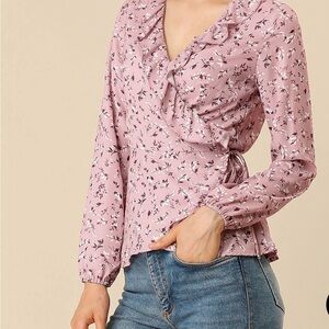 Floral V Neck Wrap Top Long Sleeve Tie Waist Ruffle Peplum Blouse
